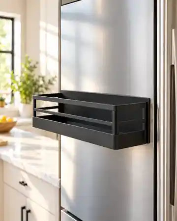 Empty MagnaNest magnetic shelf mounted on a refrigerator